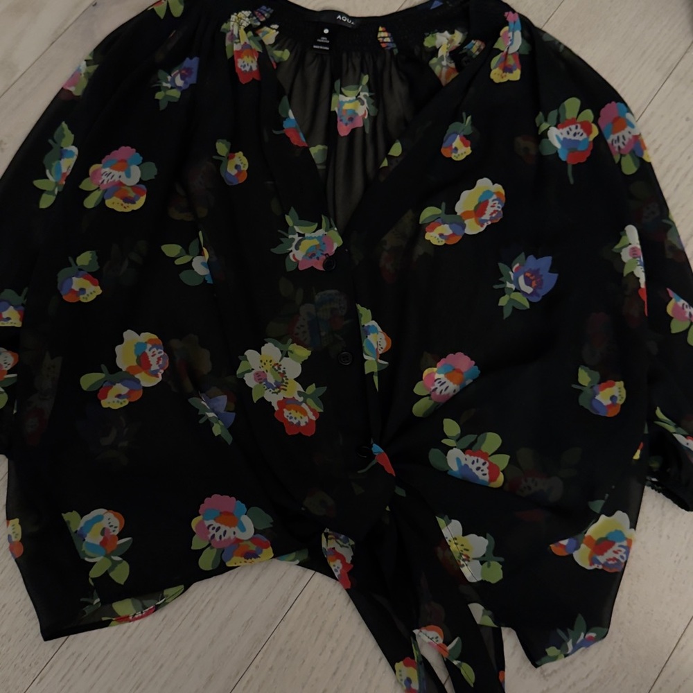 Aqua Black Floral Tie-Front Blouse with Multicolor Flowers